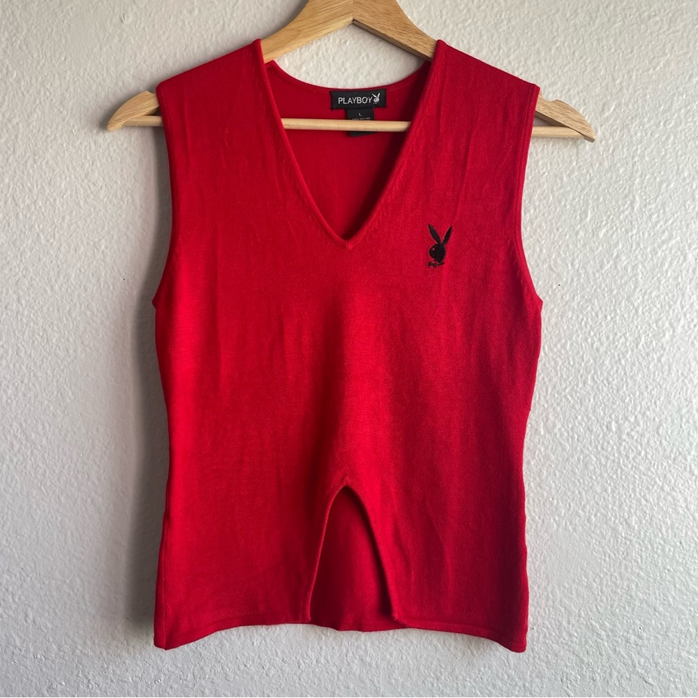 PLAYBOY Red V-Neck Sleeveless Knit Tank with Bunny Logo